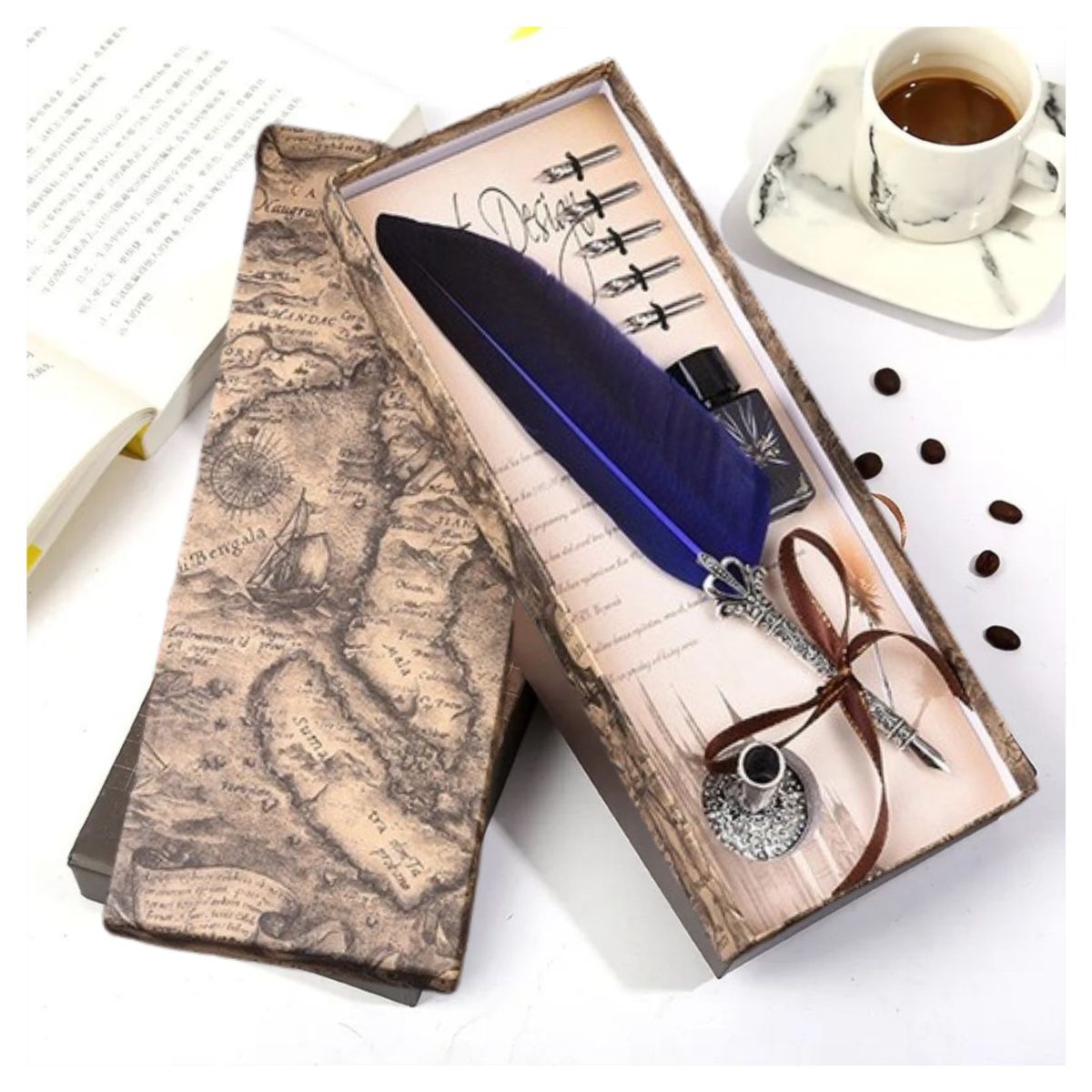 Kit Caneta Tinteiro Pena Azul Antiga Simples Kit Caneta Tinteiro Pena Azul Antiga Simples